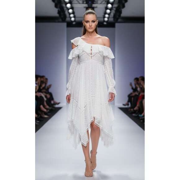 NWT Self Portrait Daisy Midi in White Off Shoulder Asymmetrical Dress UK S US 4 - Picture 10 of 14